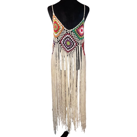 Women’s Boho Granny Square Bathing Suit Cover Up Multi Color Long Fringe NWOT - Picture 7 of 8